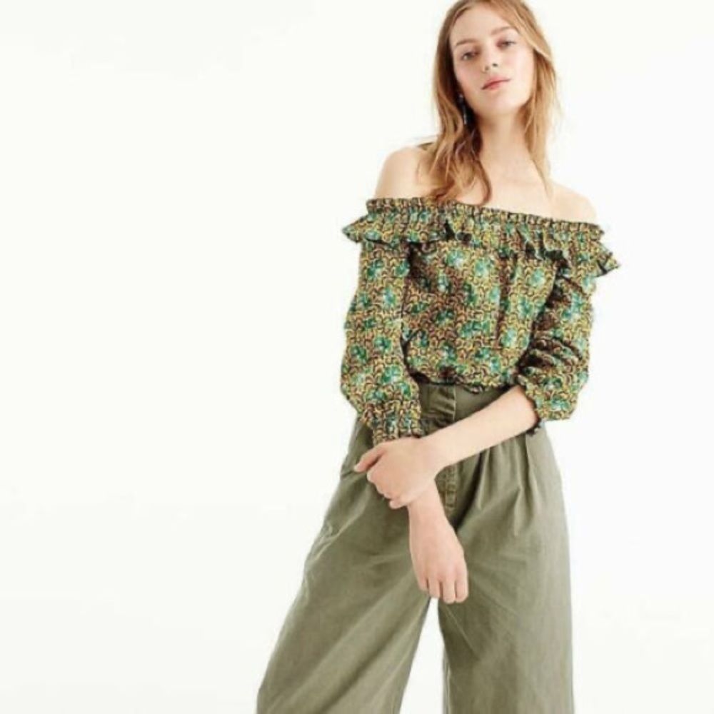 J Crew Ratti Elephant Print Off The Shoulder Button Down Balloon Sleeve Top